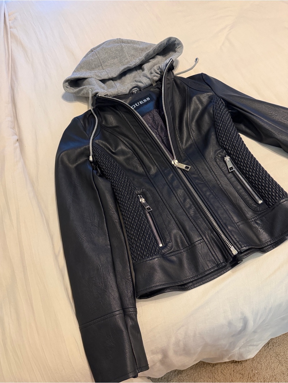 Guess Black Leather Jacket with Gray Hood